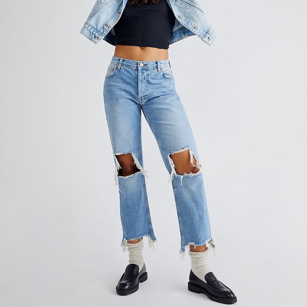 FREE PEOPLE Maggie Mid Rise Straight Jeans Distressed Indigo 29